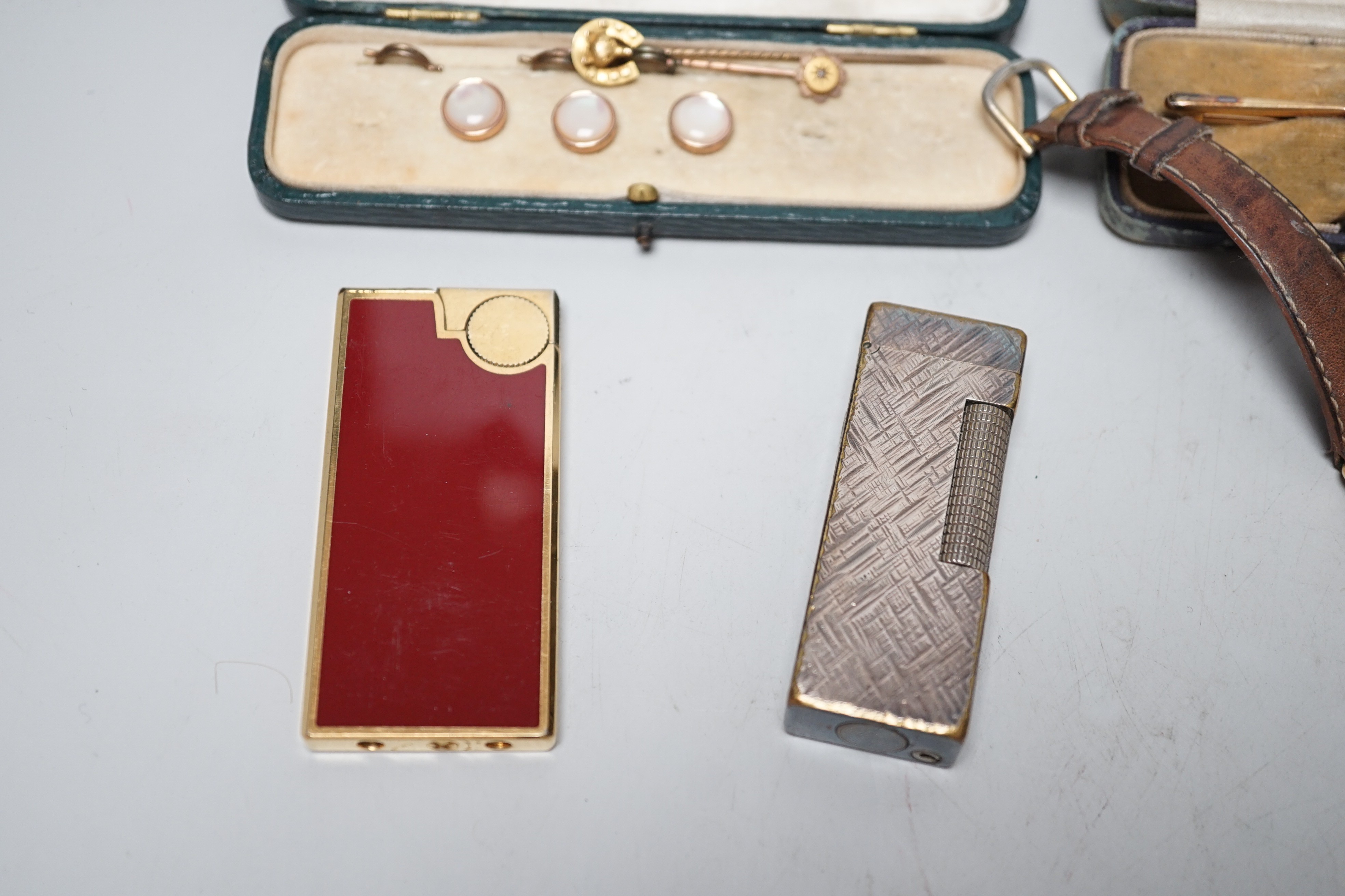 Mixed jewellery and other items including a 15ct fox head and horseshoe stick pin, a 9ct and diamond chip set stick pin, gem set yellow metal bar brooch, dress studs, lighters, lady's Rotary wrist watch, etc.